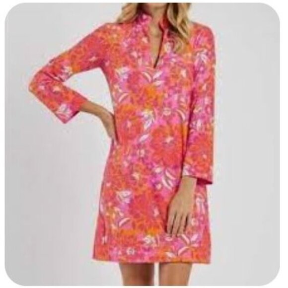 Sigrid Olsen Floral Hawaiian Print 3/4 Bell Sleeve Linen Blend Shift Dress, US10 - Picture 1 of 11